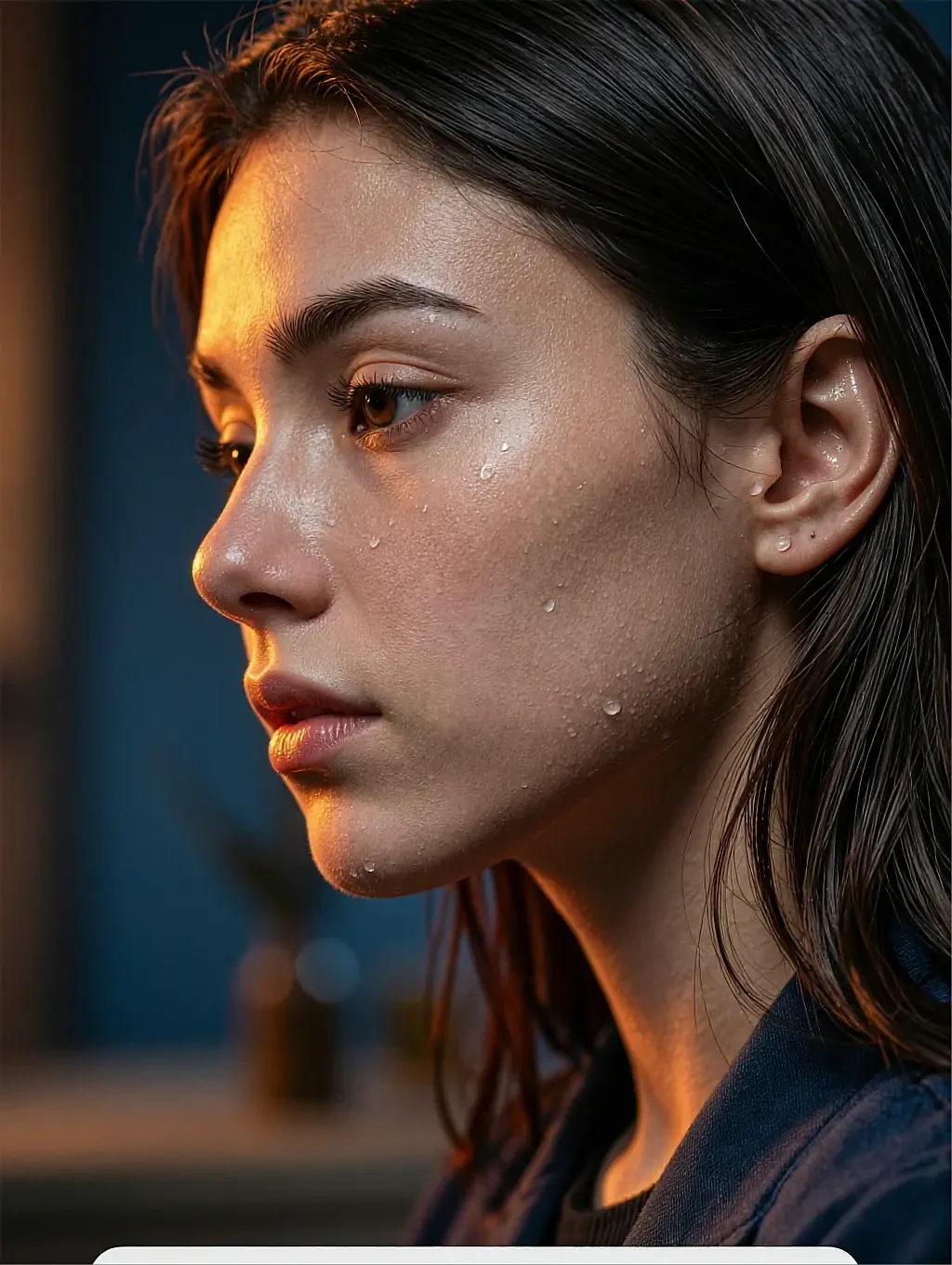 Fictional AI character featured on the fourth landing page, in a dim room